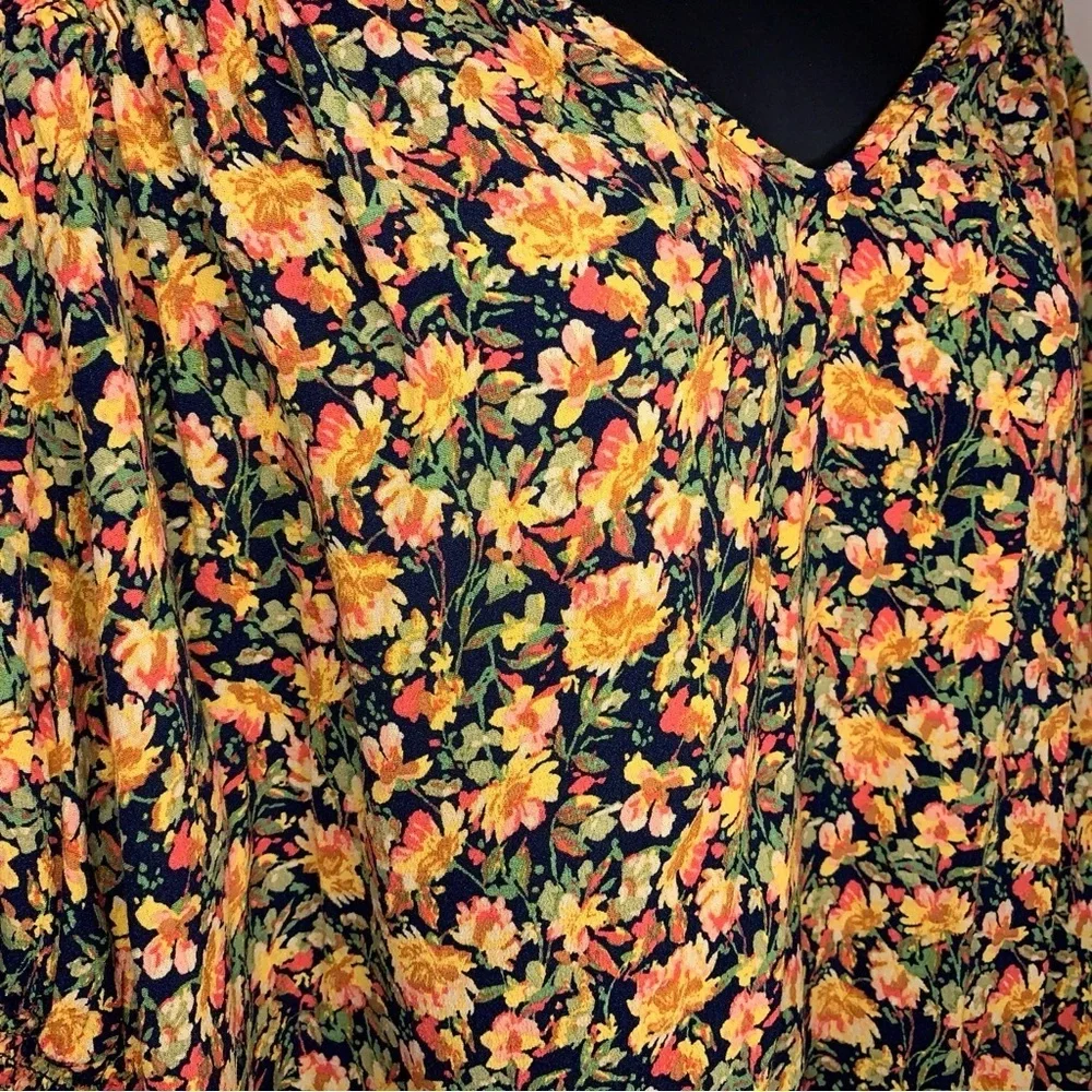 1X Terra And Sky Colorful Floral Peasant Top Orange Yellow Black Sweetheart Neck